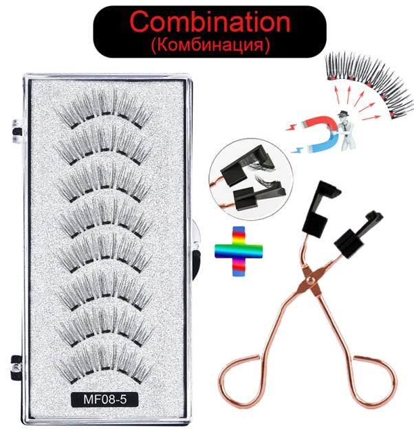 Hand Made Magnetic 8 Piece Reusable Natural Mink False Eyelashes With Magnetic Tweezer Set