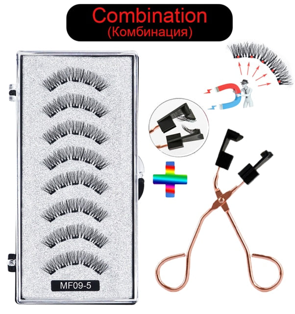 Hand Made Magnetic 8 Piece Reusable Natural Mink False Eyelashes With Magnetic Tweezer Set
