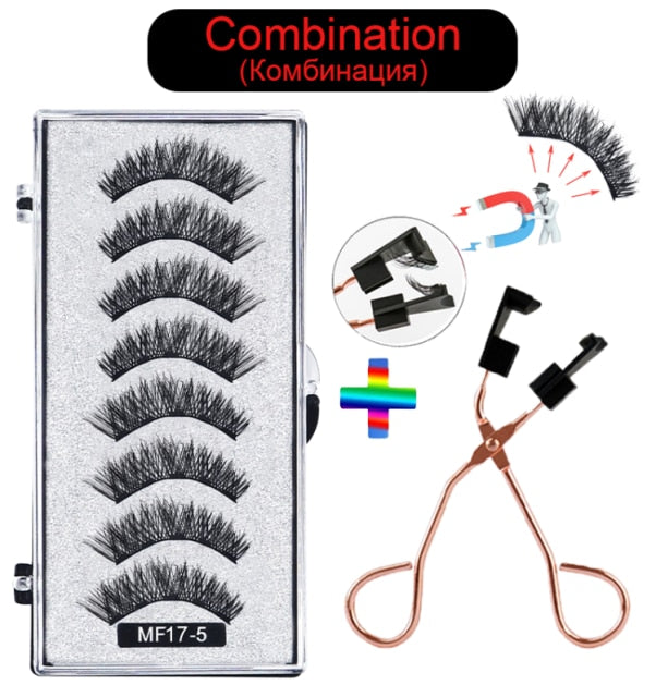 Hand Made Magnetic 8 Piece Reusable Natural Mink False Eyelashes With Magnetic Tweezer Set