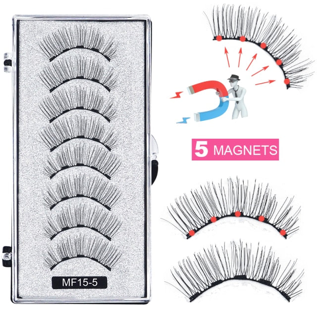 Hand Made Magnetic 8 Piece Reusable Natural Mink False Eyelashes With Magnetic Tweezer Set
