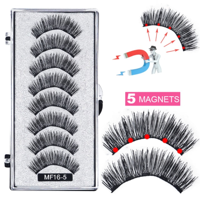 Hand Made Magnetic 8 Piece Reusable Natural Mink False Eyelashes With Magnetic Tweezer Set